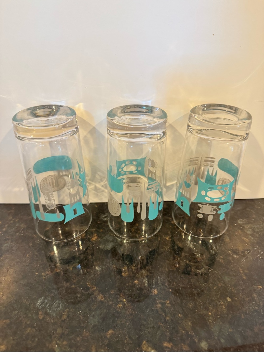 Vintage MCM Atomic Turquoise & Frosted White Highball Glasses - 3 available